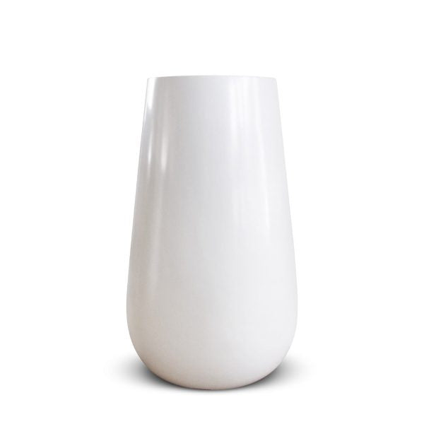 White tall planter made of fiberglass with a matte finish, designed for indoor use.