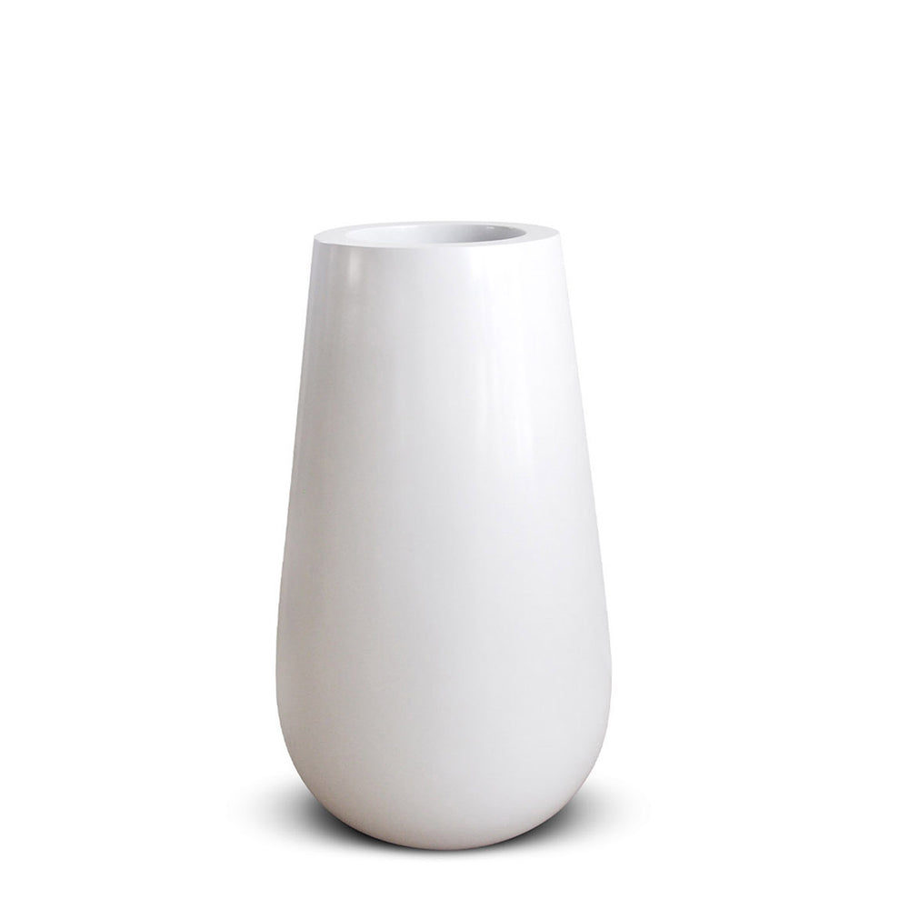 A white tall planter made of fiberglass, designed for indoor use only.