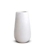 A white tall planter made of fiberglass, designed for indoor use only.