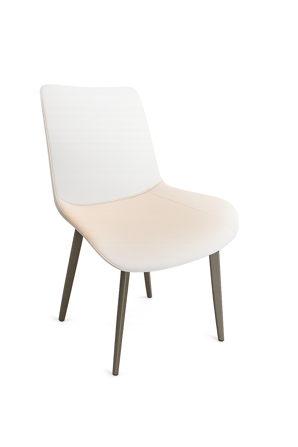 A modern dining chair with a white upholstered backrest and a light beige upholstered seat, supported by four slim dark metal legs, shown against a plain white background.