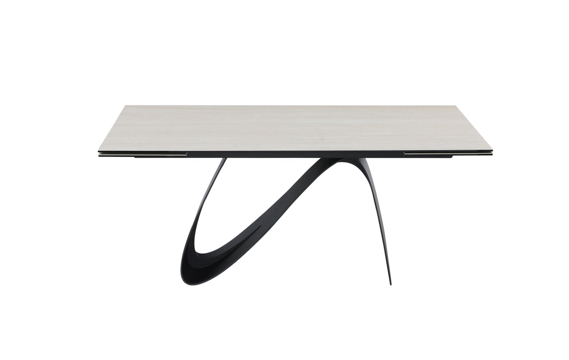 A contemporary extendable dining table with a white marble top and black base, shown in a fully extended state.
