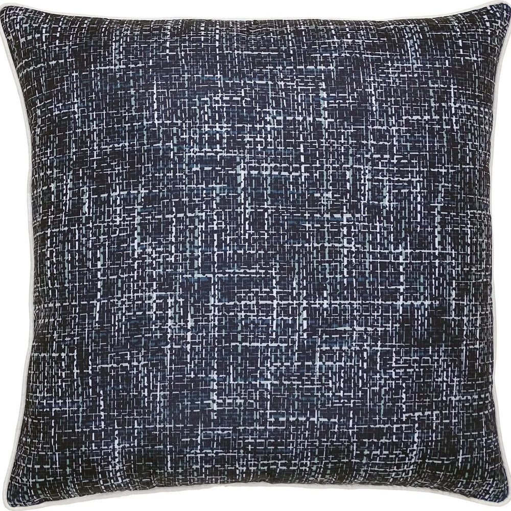 A square-shaped navy blue accent pillow with a geometric pattern.