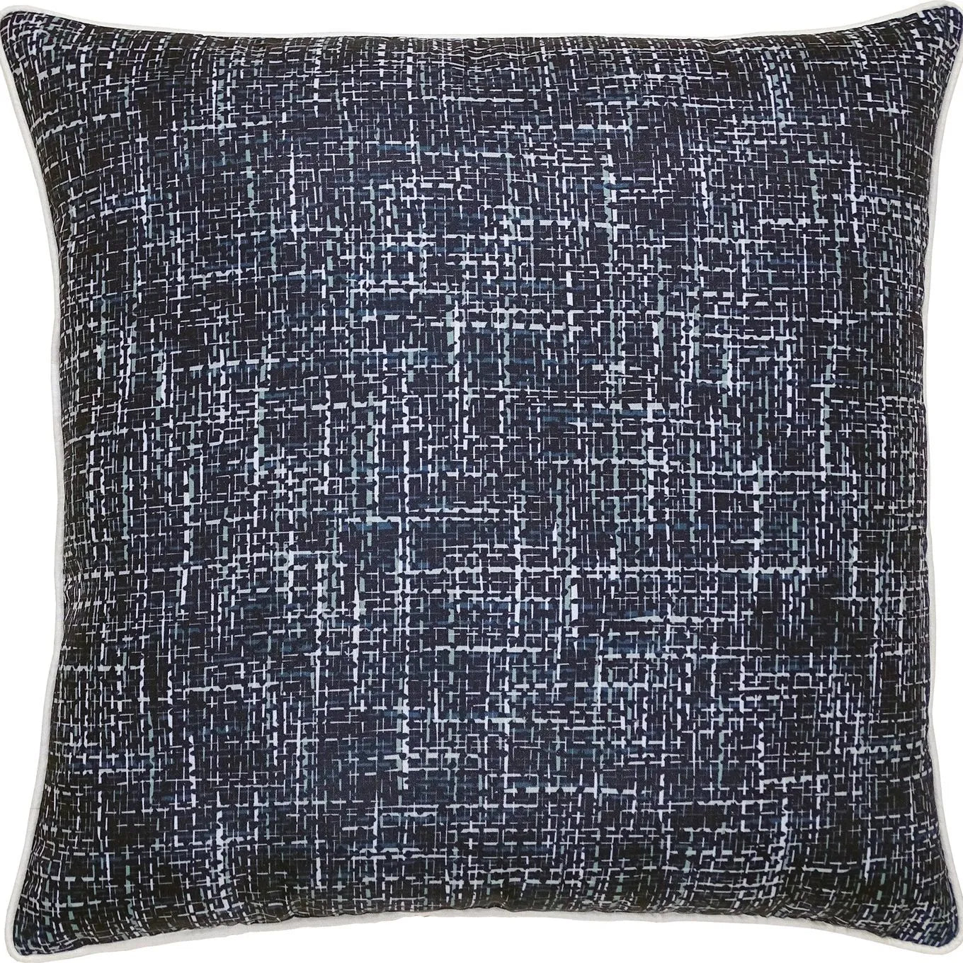 A square-shaped navy blue accent pillow with a geometric pattern.