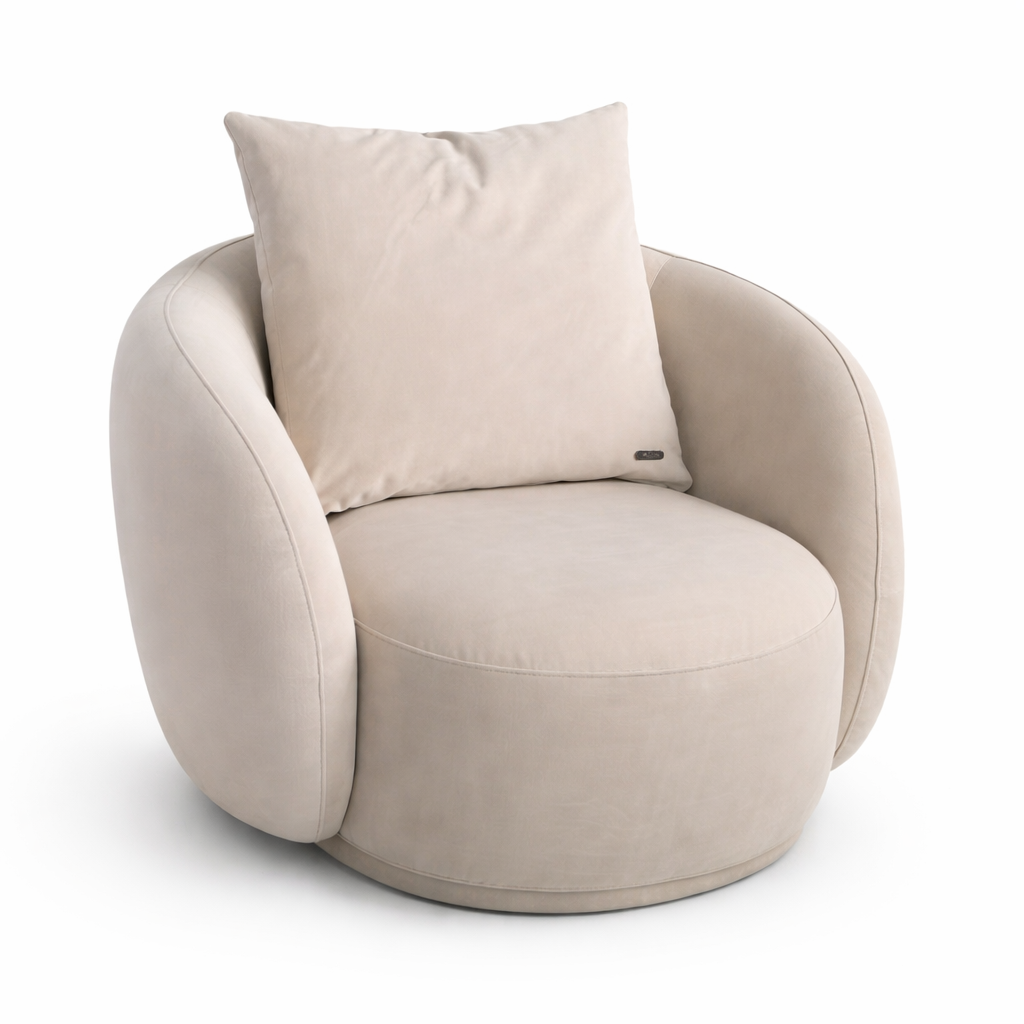 Beige armchair with a matching pillow on a white background