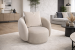Beige armchair in a modern living room with a sofa and coffee table.