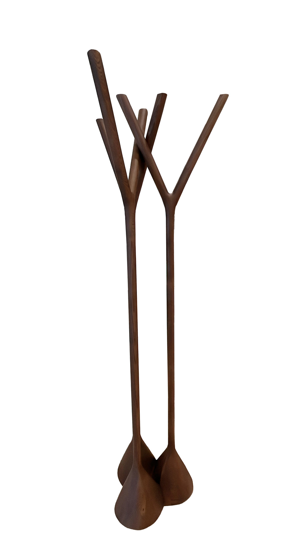 Wooden coat rack with branch-like design on a white background