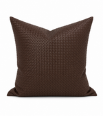 A square brown woven throw pillow with a textured basketweave pattern, shown against a plain white background.