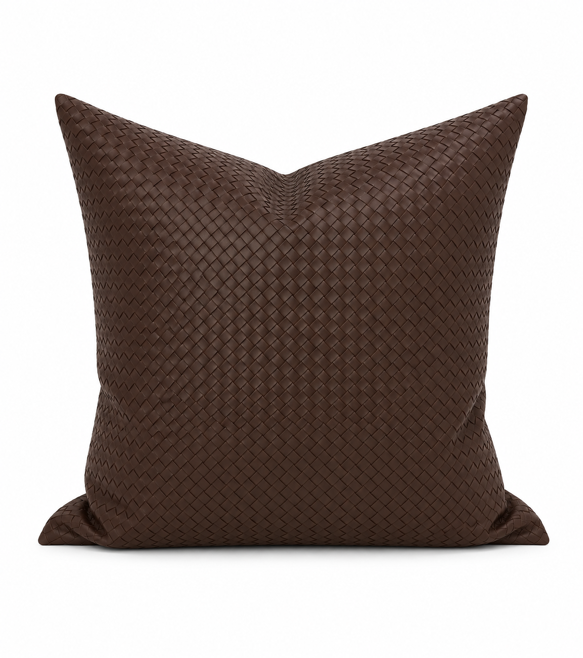 A square brown woven throw pillow with a textured basketweave pattern, shown against a plain white background.