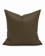 A square throw pillow with a woven basketweave texture in a dark brown color, shown against a plain white background.