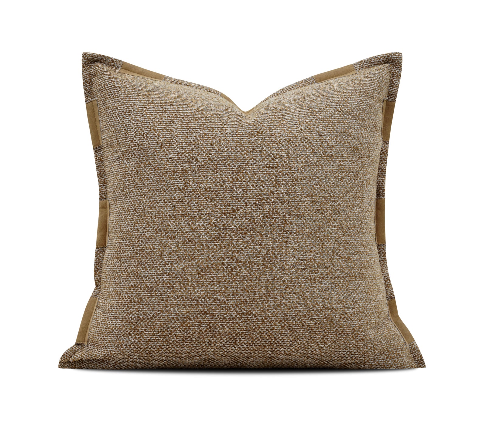 A square decorative throw pillow in a textured beige and brown woven fabric, featuring a solid tan border trim, shown against a plain white background with a brand watermark at the bottom.