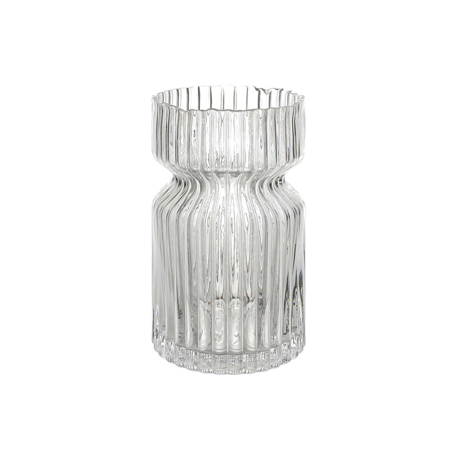 Clear glass vase with ribbed design on a white background