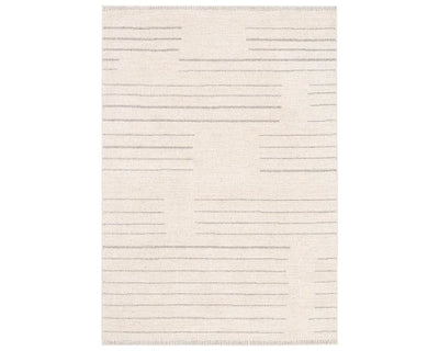 A rectangular beige area rug with a simple geometric pattern and power loomed construction.