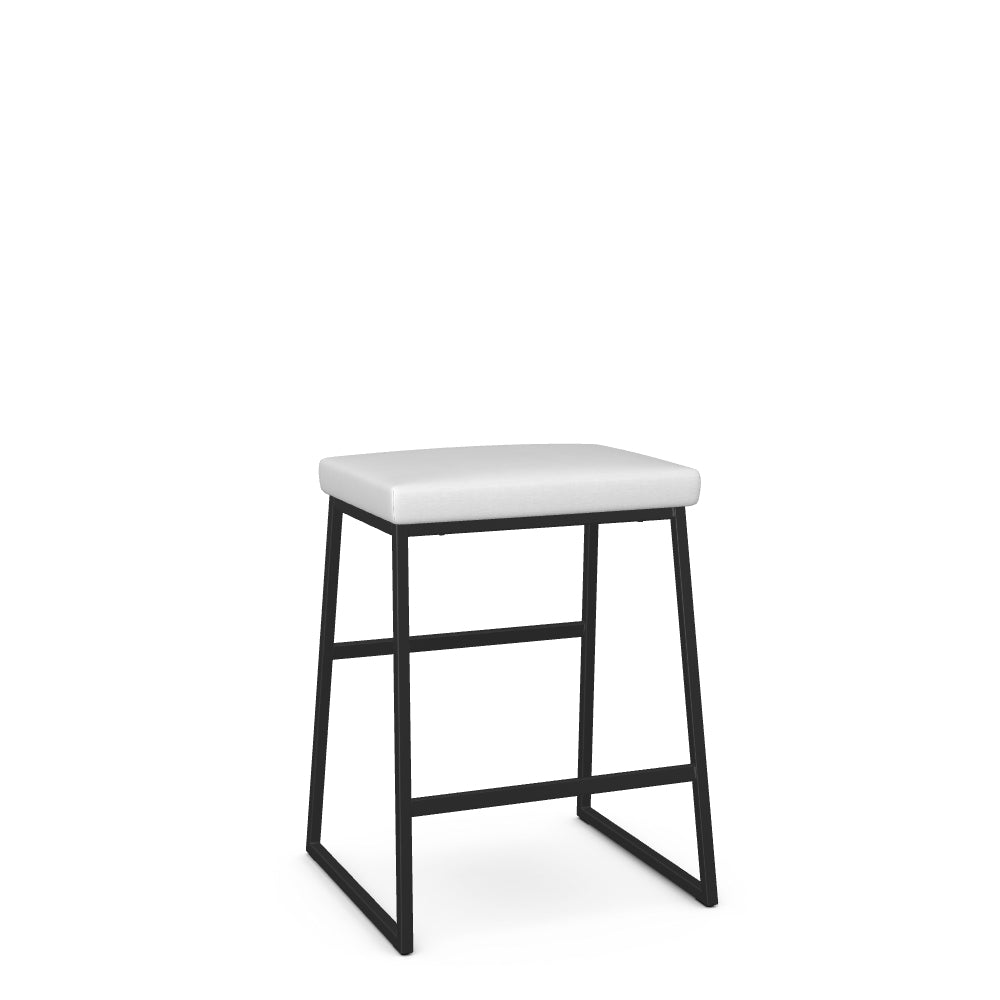 A counter stool with a white seat and black legs, isolated on a white background.