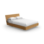 Queen size storage bed frame with a wooden headboard and a drawer in the footboard, presented in a clear finish.