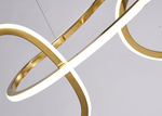 A contemporary brass LED chandelier with an arched design featuring multiple ring-shaped components, suspended by a single cord.