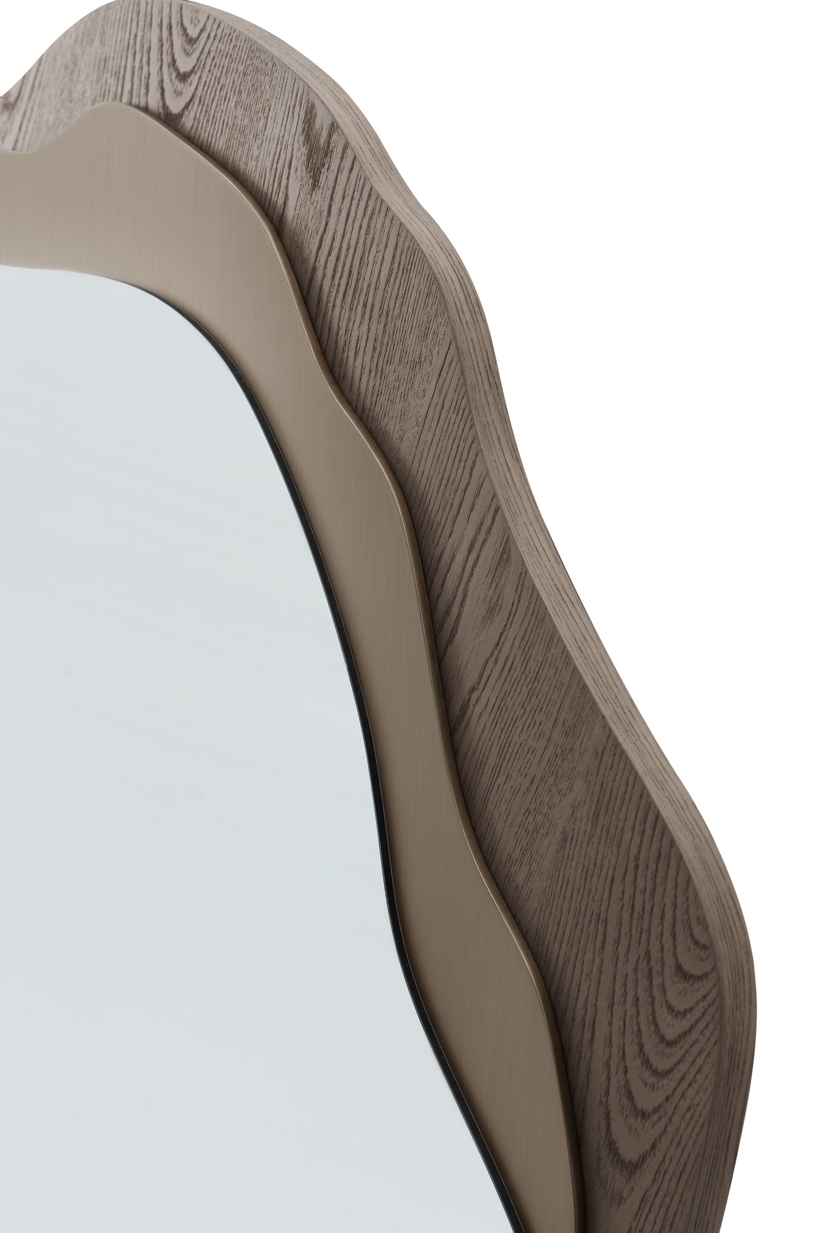 Decorative mirror with a wavy wooden frame on a white background