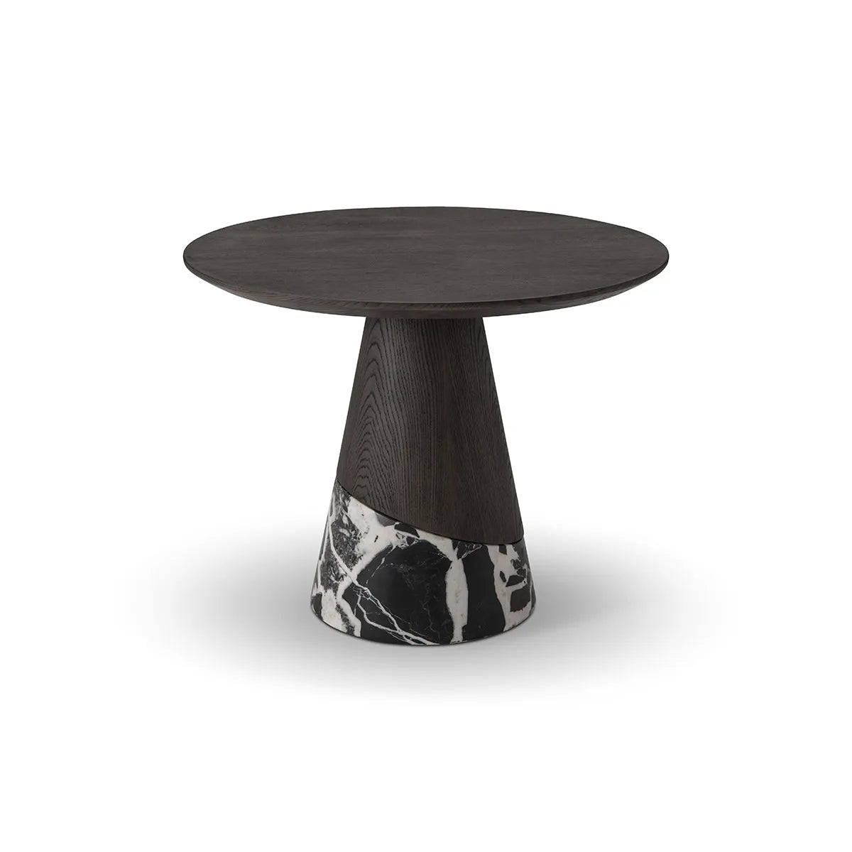 Modern side table with dark wood top and marble base on a white background