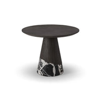 Modern side table with dark wood top and marble base on a white background
