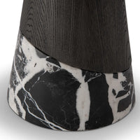 Modern side table with dark wood top and marble base on a white background