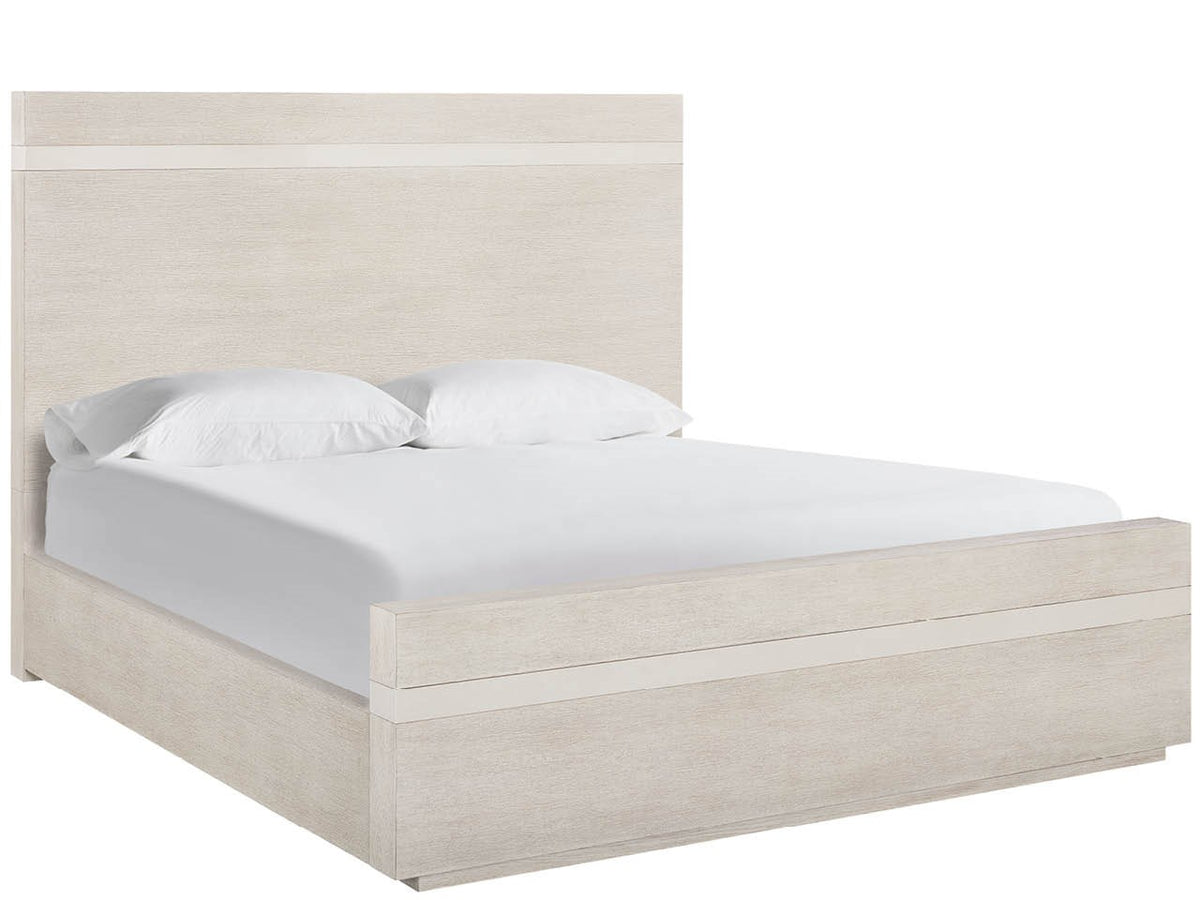 A modern platform bed with a light beige wood grain headboard and matching footboard, styled with white bedding and two white pillows against a plain white background.