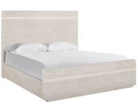 A modern platform bed with a light beige wood grain headboard and matching footboard, styled with white bedding and two white pillows against a plain white background.