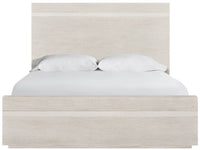 A modern platform bed with a light beige wood grain headboard and matching footboard, styled with white bedding and two white pillows against a plain white background.