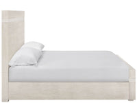 Beige bed frame with white bedding on a white background