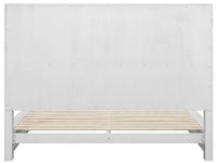 White bed frame with wooden slats on a white background