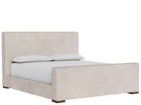 A modern platform bed with a tall upholstered headboard and footboard in a light blush pink fabric, shown with white bedding and two pillows against a plain white background.