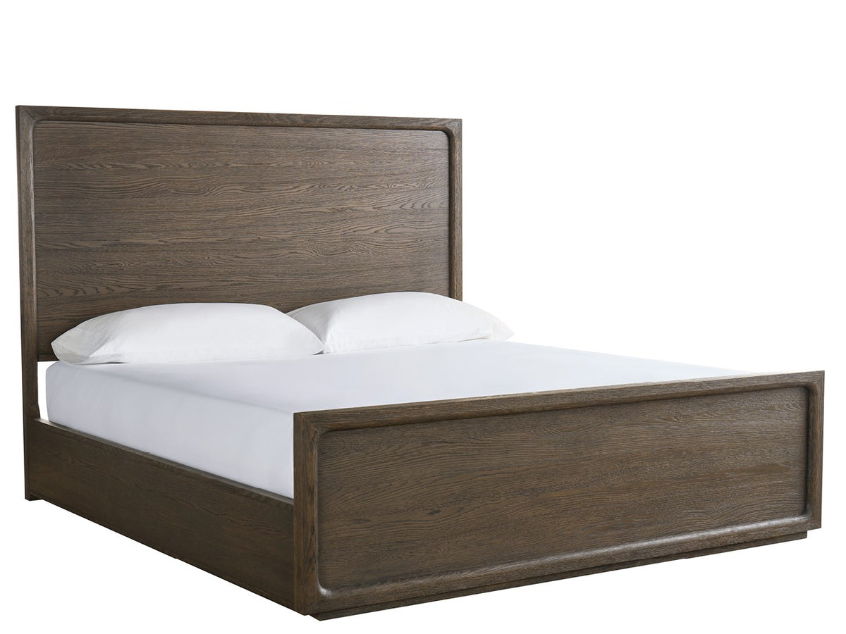 Wooden bed frame with white bedding on a white background