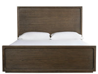 Wooden bed frame with white bedding on a white background