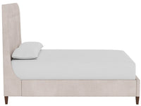 Beige upholstered bed with a white mattress on a white background
