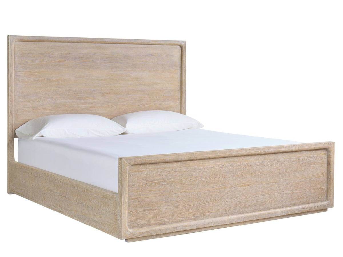 Wooden bed frame with white bedding on a white background
