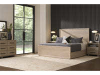 Modern bedroom with a wooden bed, nightstands, and decor.