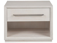 A modern single-drawer nightstand with an open lower shelf, finished in a light beige wood grain finish with a sleek horizontal metal handle.