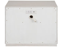 White power strip nightstand with a light wood top and base, featuring a 15A outlet and a power cord plug on the back panel.