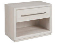 Light wood nightstand with a drawer on a white background