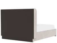 A modern upholstered bed frame with a tall, dark brown headboard and light beige side rails and footboard, shown with a white mattress on a plain white background.