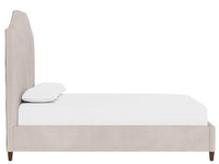 A light beige upholstered bed frame with a tall curved headboard and low footboard, shown with a white mattress and pillow against a plain white background.