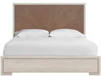 Bed with wooden headboard and white bedding on a white background
