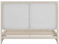 A light beige wooden bed frame with a tall headboard featuring two rectangular panels and slatted support beams, shown against a plain white background.