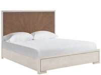 A modern platform bed with a light beige wood frame and a large sunburst-patterned brown wooden headboard, shown with white bedding on a solid white background.