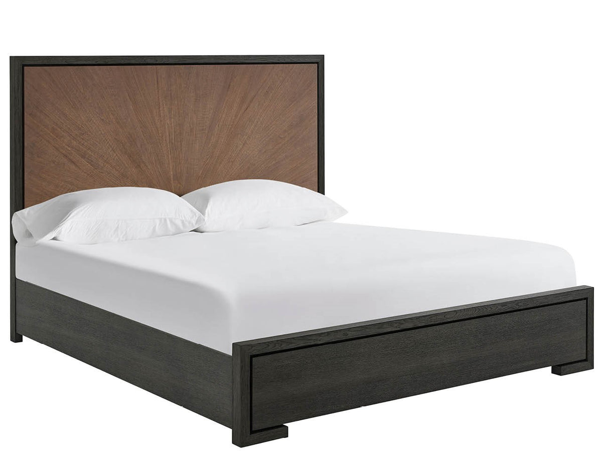 Wooden bed frame with white bedding on a white background