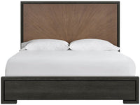 Wooden bed frame with a sunburst pattern headboard on a white background