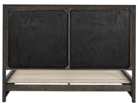 A rustic dark brown wooden bed frame with two large black headboard panels and a slatted wooden bed base, shown against a plain white background.