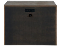 Dark brown wooden side table with a concrete top on a white background