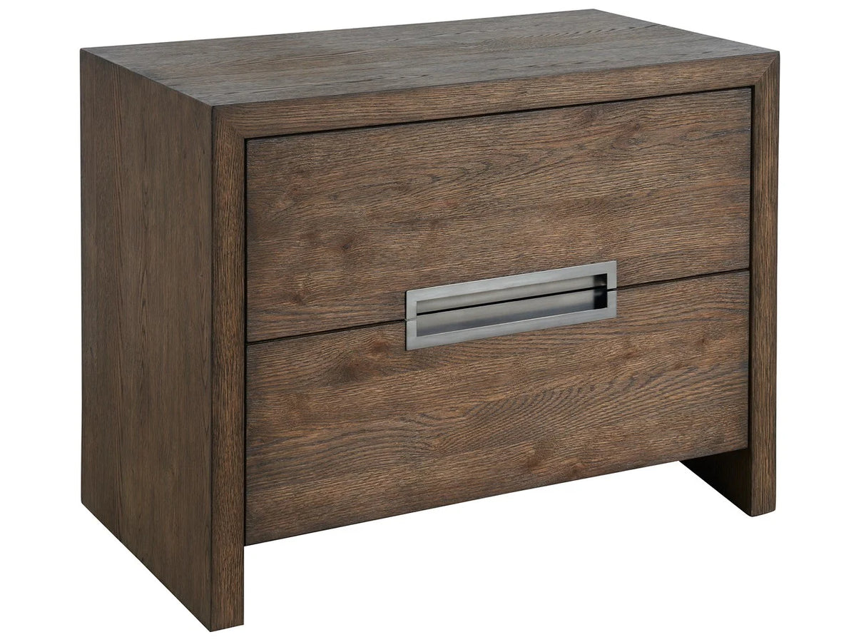 Wooden nightstand with a single drawer on a white background