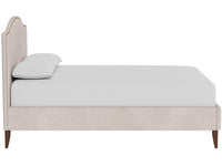 A single bed with a light beige upholstered frame, a tall matching headboard, and dark wood legs, shown with a white mattress and pillow on a plain white background.