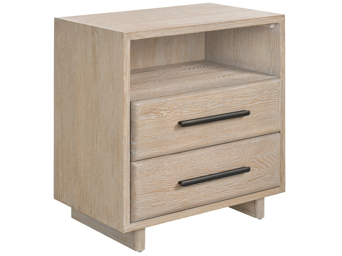 Wooden nightstand with two drawers on a white background