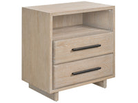 Wooden nightstand with two drawers on a white background